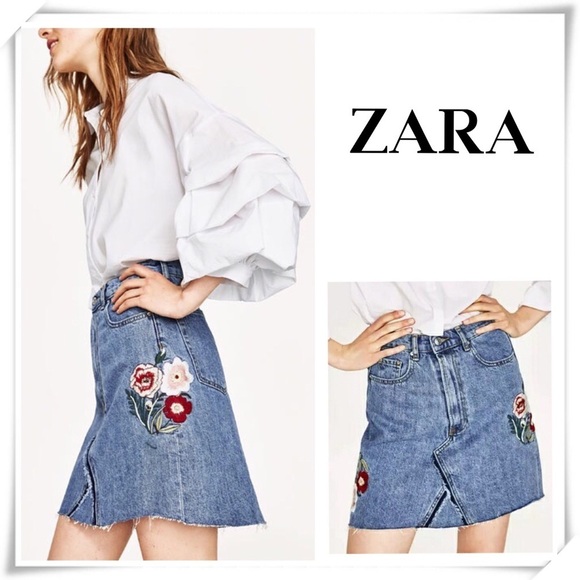 Zara Floral Embroidered Raw Hem Denim Skirt - Picture 1 of 6